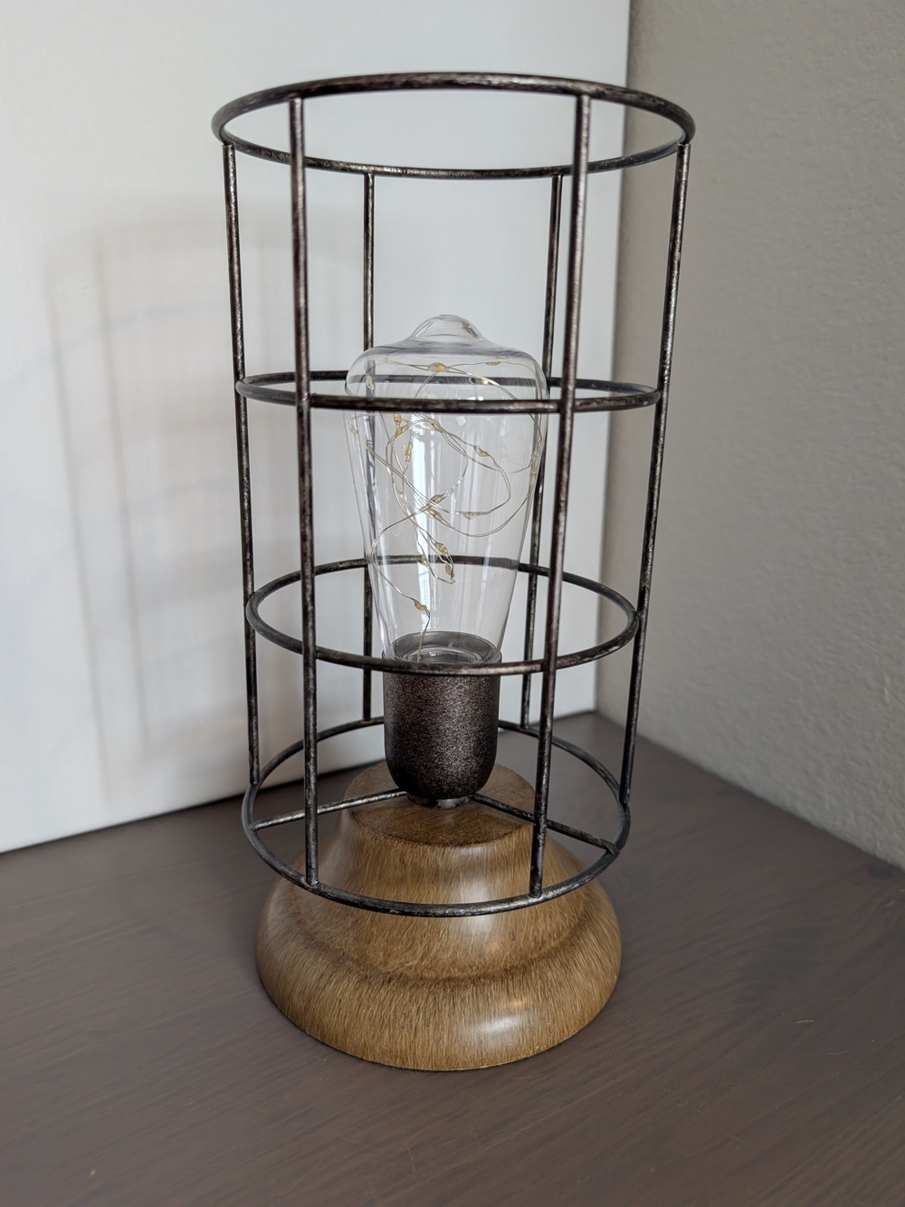 Edison Bulb Fairy Lights Cage Table Lamp with Brown Wood Base Table Decor Lamp
